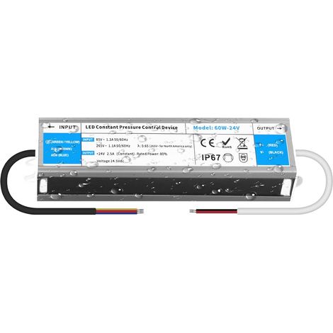 Transformateur 220V AC à 24V DC 2,5A 60W Convertisseur 24V Alimentation LED Driver IP67 Etanche Conducteur à Tension Constante Ultra Mince Adaptateur Transfo pour Bandes LED et Luminaires LEDs (1/5)