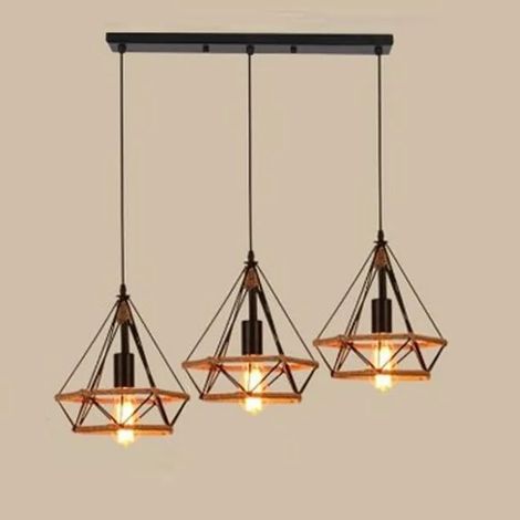 U-do Lustre Suspension forme Diamant Corde de chanvre Luminaire Industrielle Rétro Luminaire (1/4)