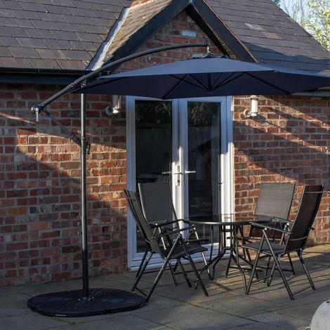 Outdoor 4 Person Round Glass Top Garden Dining Table Chairs With Blue Banana Parasol and Base Set (1/5)