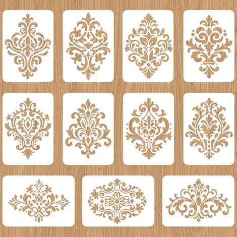 Lot de 11 pochoirs muraux réutilisables en forme de fleur damassée pour meubles en bois, ciment, chambre à coucher, décoration d'intérieur - 21 x 29,7 cm (1/5)