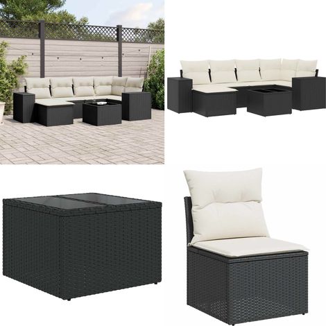 7-tlg. Garten-Sofagarnitur mit Kissen Schwarz Poly Rattan - Gartenmöbel Set - Esstischset - Outdoor Möbel - Lounge Set - Rattan Gartenmöbel - Home & Living
