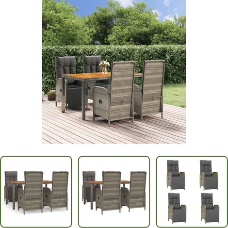 vidaXL Garten-Essgruppe - 5-tlg. Garten-Essgruppe mit Kissen Grau Poly Rattan (1/5)