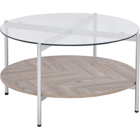 Table Basse Moderne Plateau Rond en Verre Trempé et Étagère Bois Clair et Cadre Métallique Argenté Lovell (1/5)