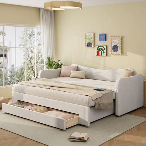 lit adulte extensible 90x200 180x200 rangement beige OKMYHOME (1/5)