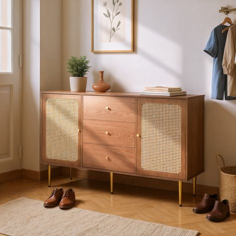 URBAN MEUBLE Meuble à chaussures effet bois noyer avec 2 portes et 3 tiroirs en rotin pieds et poignées dorées 150x90x40cm (1/5)