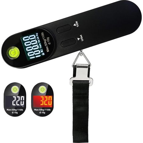 Balanza digital portátil para equipaje con gancho, balanza para equipaje con nivel incorporado, accesorios de viaje, balanza de viaje con función de tara hasta 50 kg, color negro. (1/4)