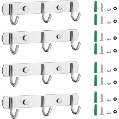 4 PCS Porte Manteau Mural,3 Hook Patères Porte Manteaux Design En Acier Inoxydable,Patères Salle De Bains Solide pour Vêtements, Chapeaux, Peignoirs (1/5)