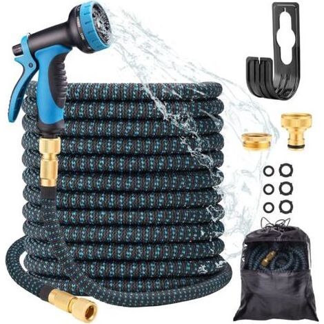 Flexibler Wasserschlauch, 15M/50FT ausziehbarer Wasserschlauch mit 10-Funktions-Sprühdüse, flexibler Schlauch mit 3/4″ & 1/2″ Massivmessinganschlüssen (1/5)