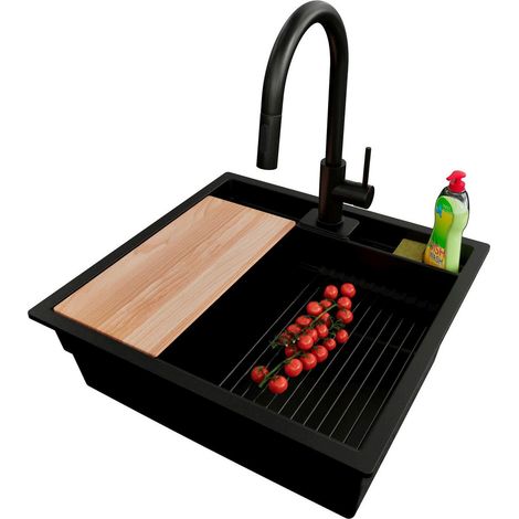 PRIMAGRAN Evier Sous Plan 56x54cm,Evier en Granit 1 bac + Robinet 40x20cm + Kit de Vidage + Accessoires, Évier au meuble 60cm - Bergen Pocket, Tout Noir