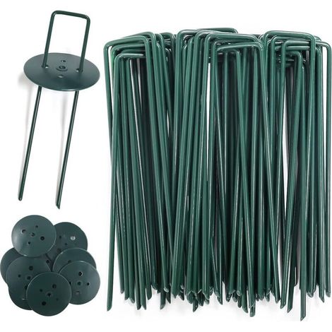 Piquets de Jardin,Piquets de Fixation de Jardin pour Toile de Paillage,Le Treillis Métallique et Les Filets,45 Pièces Pelouse Agrafes et 10 rondelles(150 mm/Ø 3 mm)