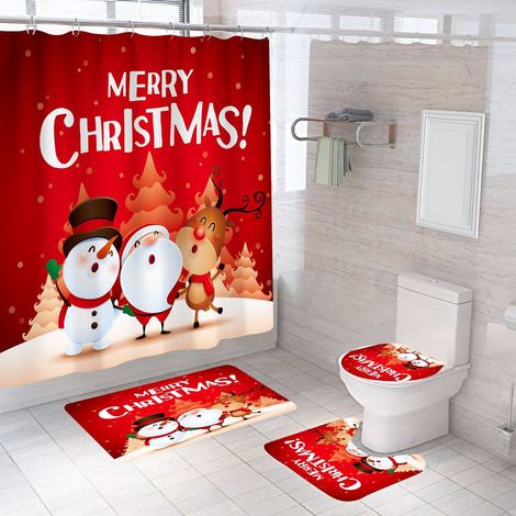 Rideau De Douche - Tapis De Sol - Tapis De Toilette En Forme De U - Housse De Siège De Toilette - Ensemble De Salle De Bain De Noël - 180x180 Cm - 75x45 Cm - 45x40 Cm - 43x38 Cm - 1 Pièce (1/5)