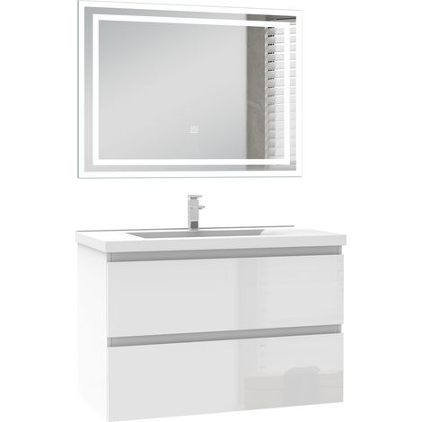 Ocean Ensemble de Meuble salle de bain 79cm avec 2 Tiroirs, miroir led, meuble Blanc Haut Brillant