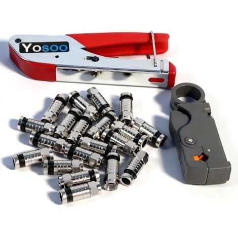 Jeu de pinces à sertir Kit de pince à compression avec fiche F pour câble coaxial RG58 RG59 RG6 avec 20 connecteurs F de compression pour câble coaxial SAT Pinces à Sertir Coaxiales (1/5)