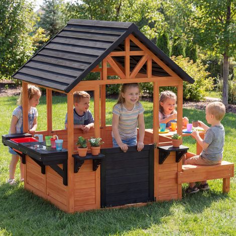 Spielhaus aus Holz, Indoor-/Outdoor-Spielset für Kinder von 3-8 Jahren mit Tisch und Bänken, Braun