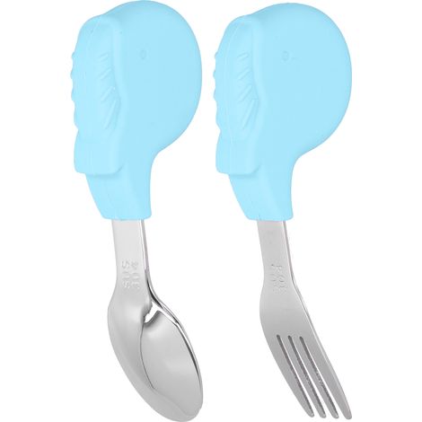 Lot 2 cuillères et fourchettes bébé en acier inoxydable forme baleine bleue, set apprentissage autonome pour enfant (1/5)