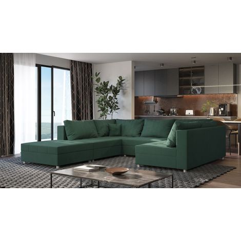 Wohnlandschaft Sofa ANDRO Schlaffunktion und Hocker Stoff Lincoln Flaschengrün (1/5)