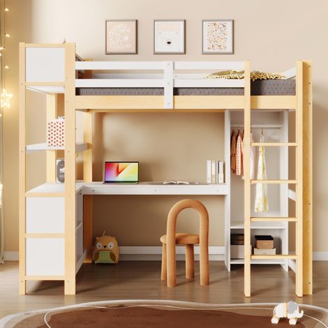 Lit mezzanine,140x200 cm,étagères,plusieurs compartiments de rangement,bureau,armoire,sans matelas,naturel