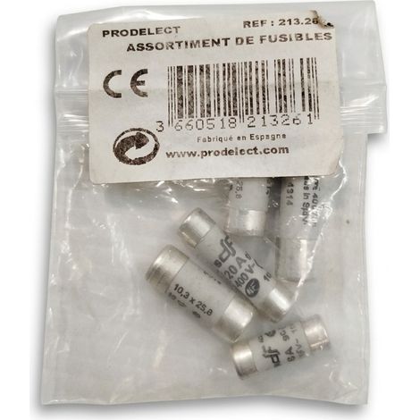 Lot de 6 - PRODELECT - Assortiment de fusibles cylindriques - 10A 20A 250V 400V - Protection gG - Voir photos (1/2)