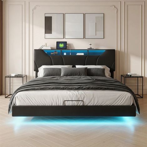 Lit coffre 160x200 - PU noir - Tête réglable LED & USB - Coffre hydraulique - Sommier à lattes (1/5)