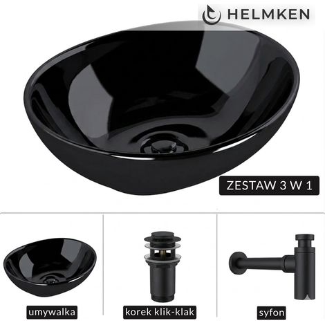Helmken 65241001 Aufsatzwaschbecken (41x34) Schwarz + Mattschwarzer Siphon + Mattschwarzer Klick-Klack-Verschluss (1/5)