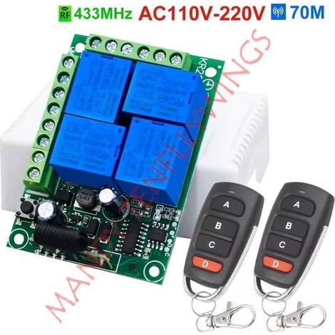 4 canaux Interrupteur de contrôle sans fil,Avec récepteur et émetteur,AC110V-220V Relay,433Mhz,Pour Garage Door Gate Motor Light (1/5)