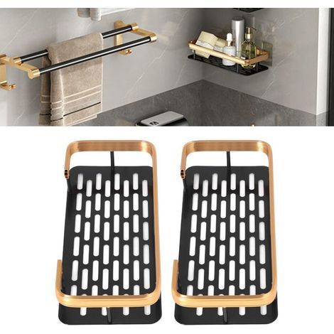Two-tier rectangular shower caddy with space-saving design, featuring aluminum trim and black gold serrated finish.