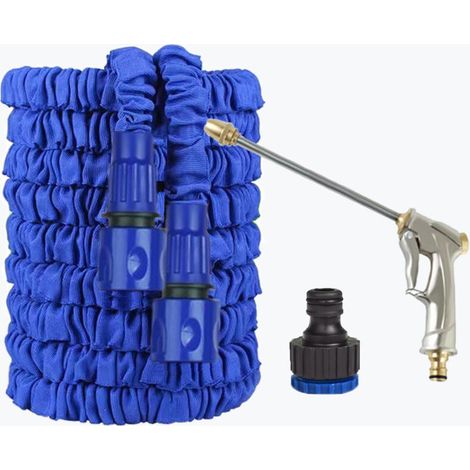 Tubo da giardino estensibile da 7,5 m con pistola a spruzzo a stelo lungo – Kit completo, blu, doppio strato in lattice e poliestere