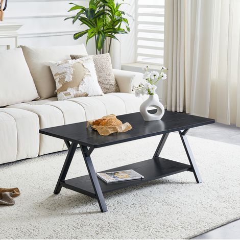 Mesa de centro industrial de 110x57x44,5 cm con espacio de almacenamiento, estructura metálica, MDF con efecto madera negra. (1/5)