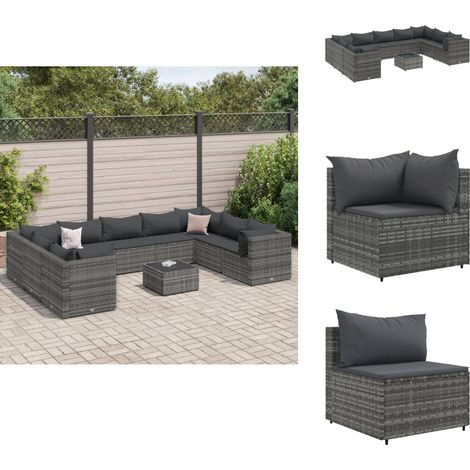Salon de jardin 10 pcs avec coussins Gris Résine tressée - Salon De Jardin - Mobilier De Jardin - Set De Salon - Ensemble De Meubles - Chaise Longue