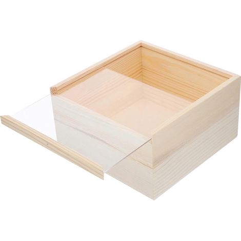Boîte de rangement en bois brut, boîte à bijoux décorative, coffre au trésor, boîte cadeau avec couvercle transparent-18X10cm