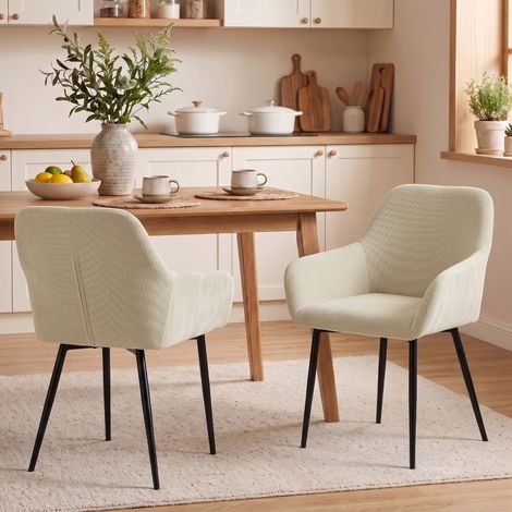Set di 2 sedie da pranzo imbottite con braccioli e gambe in metallo, colore crema, 58x59,5x81,5 cm (1/5)