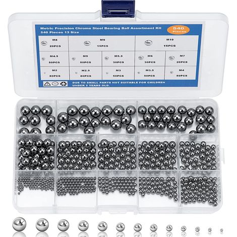 Roulements à Billes en Acier (540 Pièces) - Assortiment de Billes Métal 2-10mm - Idéal pour Vélo, Roulements, et Applications Mécaniques (1/4)