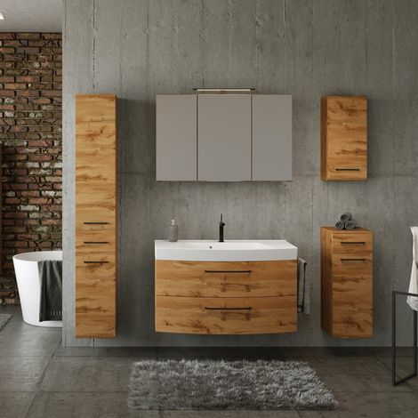 Badezimmermöbel Set Industrial Style 100 cm Waschtisch in Wotan Eiche Nb. inkl. Waschbecken, B/H/T: ca. 220/200/50 cm (1/5)
