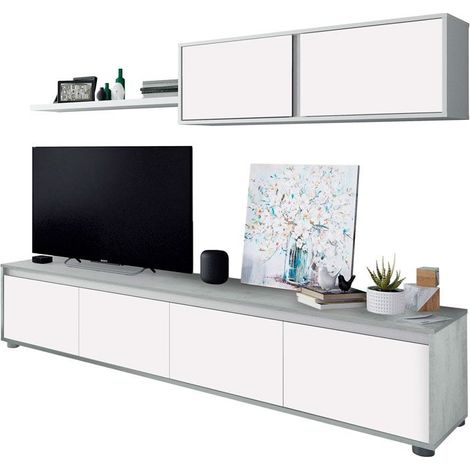 Mueble TV salón Comedor Alida Diseño Industrial en color Blanco y Cemento 2 Módulos 1 Estante 200x41 cm