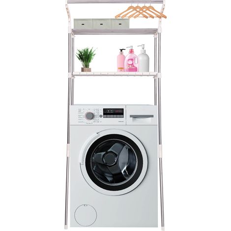 CLP – Étagère pour lave-linge en acier – 2 niveaux de rangement – Hauteur 173 cm – Tringle de suspension pour vêtements