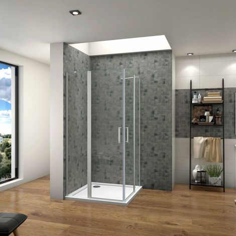 Mamparas de Ducha Esquina con acceso Angular Doble Puerta Abatible Perfil Gris mate Cristal Templado 5mm, 100x100x185cm (1/4)