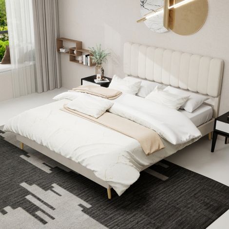 Lit adulte 160x200 cm avec tête de lit rayée, sommier à lattes, en velours, sans matelas, beige (1/5)