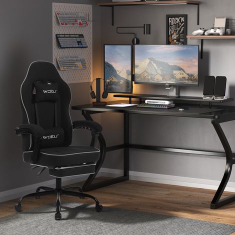 WOLTU Gaming Stuhl Ergonomischer, Bürostuhl mit Taschenfederkissen, 150 kg Belastbarkeit, Drehstuhl mit Kopfkissen, Lendenkissen, Fußstütze, Netzstoff, Schwarz