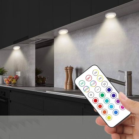 Lampe LED à pression télécommandée pour meubles, veilleuse à intensité variable, petite veilleuse à piles pour éclairage sous les meubles, placards, armoires, plans de travail. (1/5)