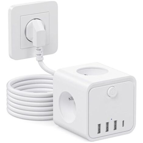 7 en 1 Multiprise USB Multiple 3 Prises Multiple avec 1 Type C et 3 Ports USB, 1.5m Cable Multiprise avec Interrupteur Parafoudre