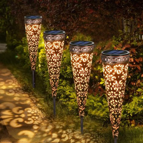 Lampes Solaires Vintage en Métal - 4 Pièces pour Jardin Extérieur, Étanches IP65, LED Blanc Chaud avec Décoration (1/5)