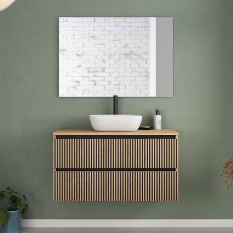 Meuble de salle de bain 100cm avec plateau et vasque à poser arrondie - 2 tiroirs - roble era (chêne clair) - VENERIA
