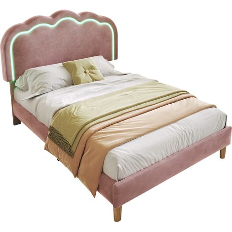 Lit LED 90 x 200 cm avec tête de lit réglable, sommier à lattes et revêtement velours rose, lit rembourré pour chambre ou chambre d'amis au style cosy CHICFURN (1/5)