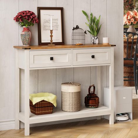 table console rustique avec 2 tiroirs pour couloir, table de canapé rustique avec étagère ouverte, couloir en bois pour chambre et salon (blanc antique) (1/5)
