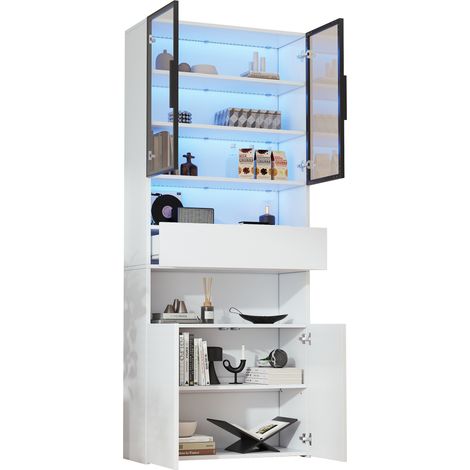 Vitrine avec 4 Portes, 1 Tiroir, 2 Niches Ouvertes et LED pour Salon, en Panneaux de Particules, Blanc, 70×30×200 cm (1/5)