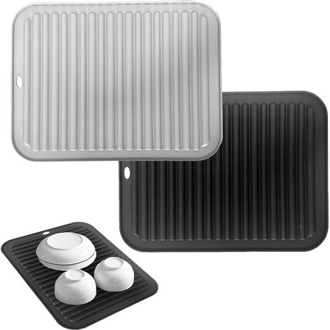 Lot de 2 grands tapis / sous-verres en silicone (rectangulaires), antidérapants et à drainage d'eau, en gris et noir, pour les ustensiles de cuisine et la vaisselle