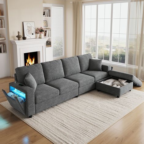 Canapé d’angle modulable 4 places 282x153 cm, pouf coffre mobile, accoudoir avec rangement, LED 3 couleurs, USB/USB-C, velours gris doux (1/5)
