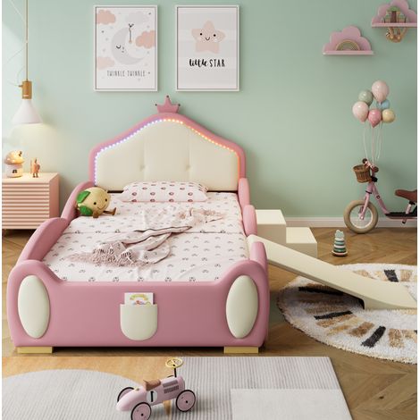 Lit enfant rembourré Crown avec toboggan et escalier, LED multicolore, PU rose/beige, sommier à lattes 90x200 cm (1/5)