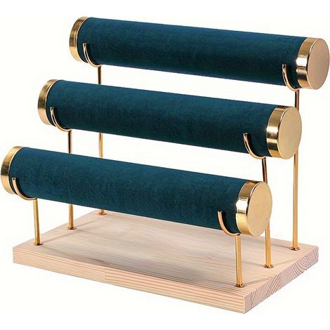 Espositore per bracciali a tre livelli, supporto per gioielli in ferro battuto con base in legno, orologio da tavolo multifunzionale e organizer per bracciali, torri portagioie - Verde (1/4)