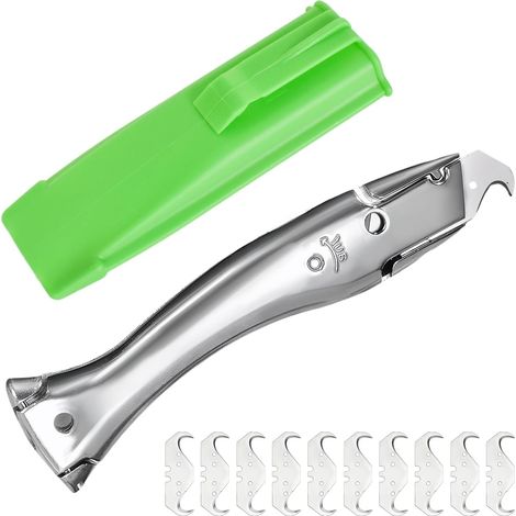 Teppichmesser, Hakenmesser mit 10 Klingen und Kunststoffschutz, Aluminium-Schneidemesser, Teppichschneider zum Schneiden von PVC-Böden (Silber) (1/5)